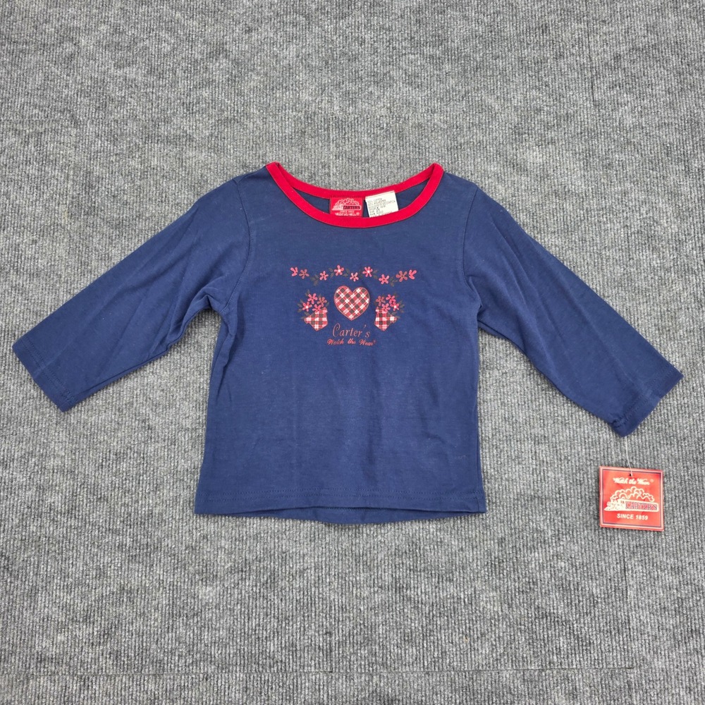 Carter's Watch the Wear Girls Navy Red Plaid Heart Long Sleeve Ringer Tee 2T NEW